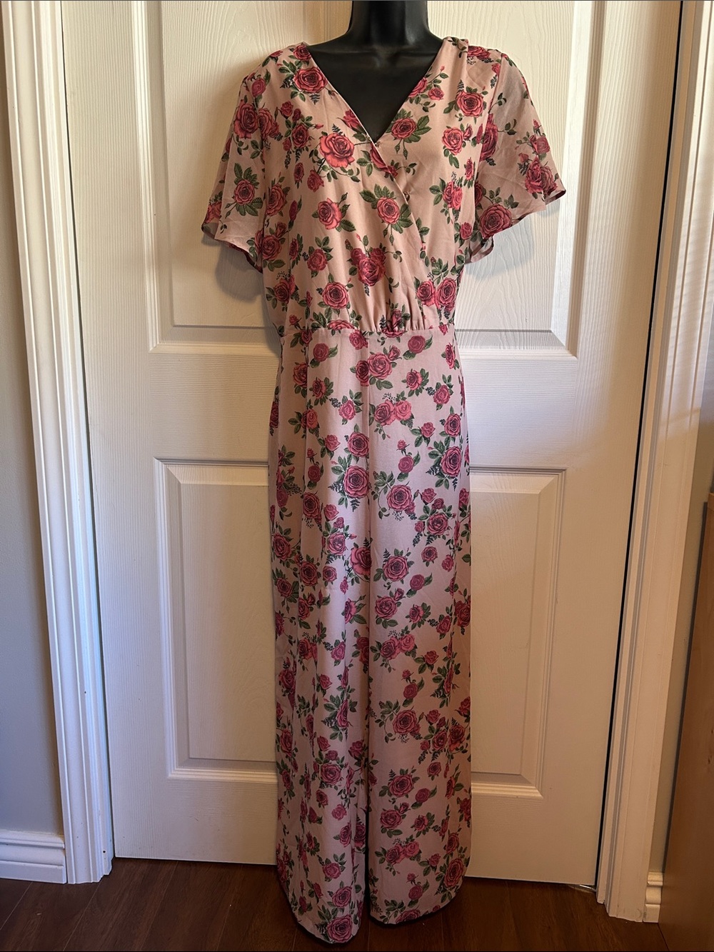 Guess Floral Pink V-Neck Maxi jump suit wide leg XL